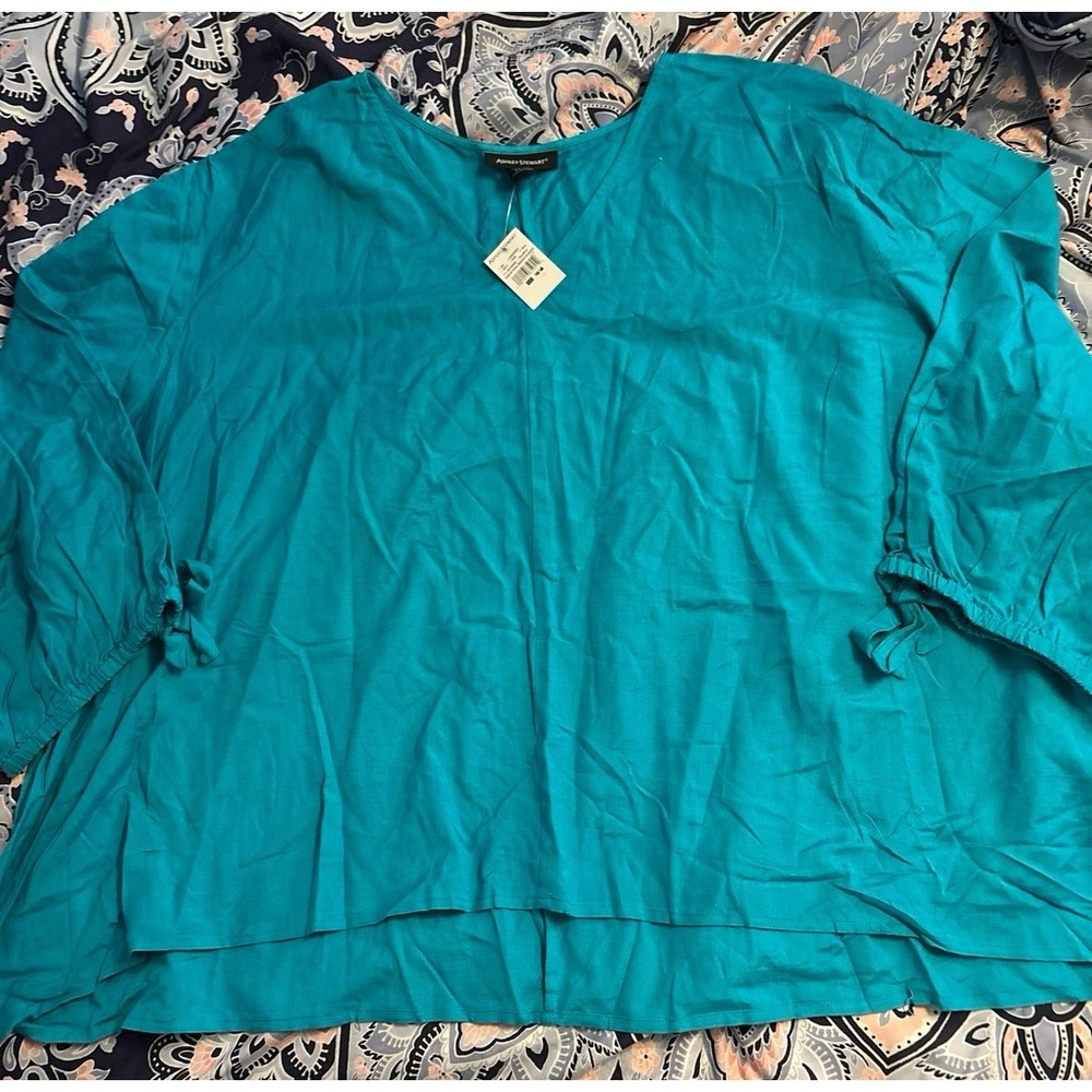 NEW Ashley Stewart Plus Size V Neck Tie Sleeve Peasant Blouse in Bluebird, 34/36